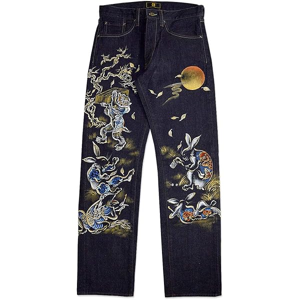 Amazon | (ゼン)禅 手描きデニムパンツ 登竜門 禅 和柄 和風 ジーンズ